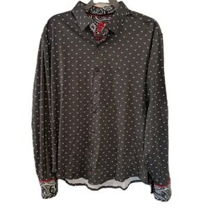 Au Noir Shirt Mens Large 5 XL Black Long Slv Flip Cuff Birds Stretch Logo Preppy